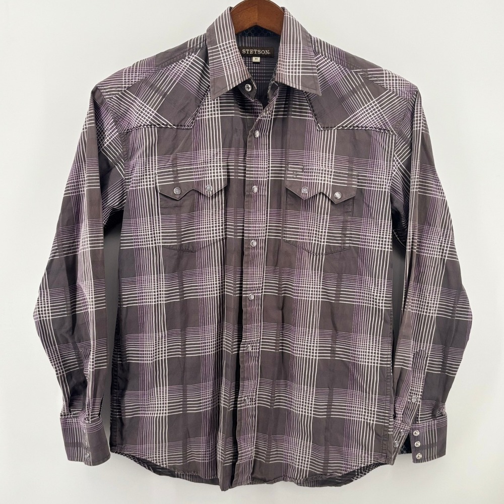 Stetson Mens Plaid Western‎ Pearl Snap Shirt Grey Purple Long Sleeve Size M